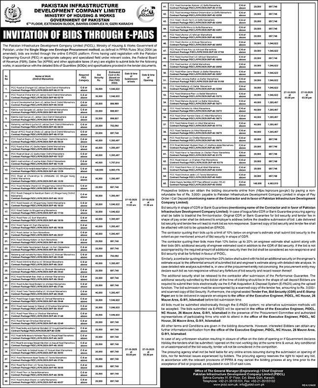 Pakistan Infrastructure Development Company Limited Karachi Tender Notice